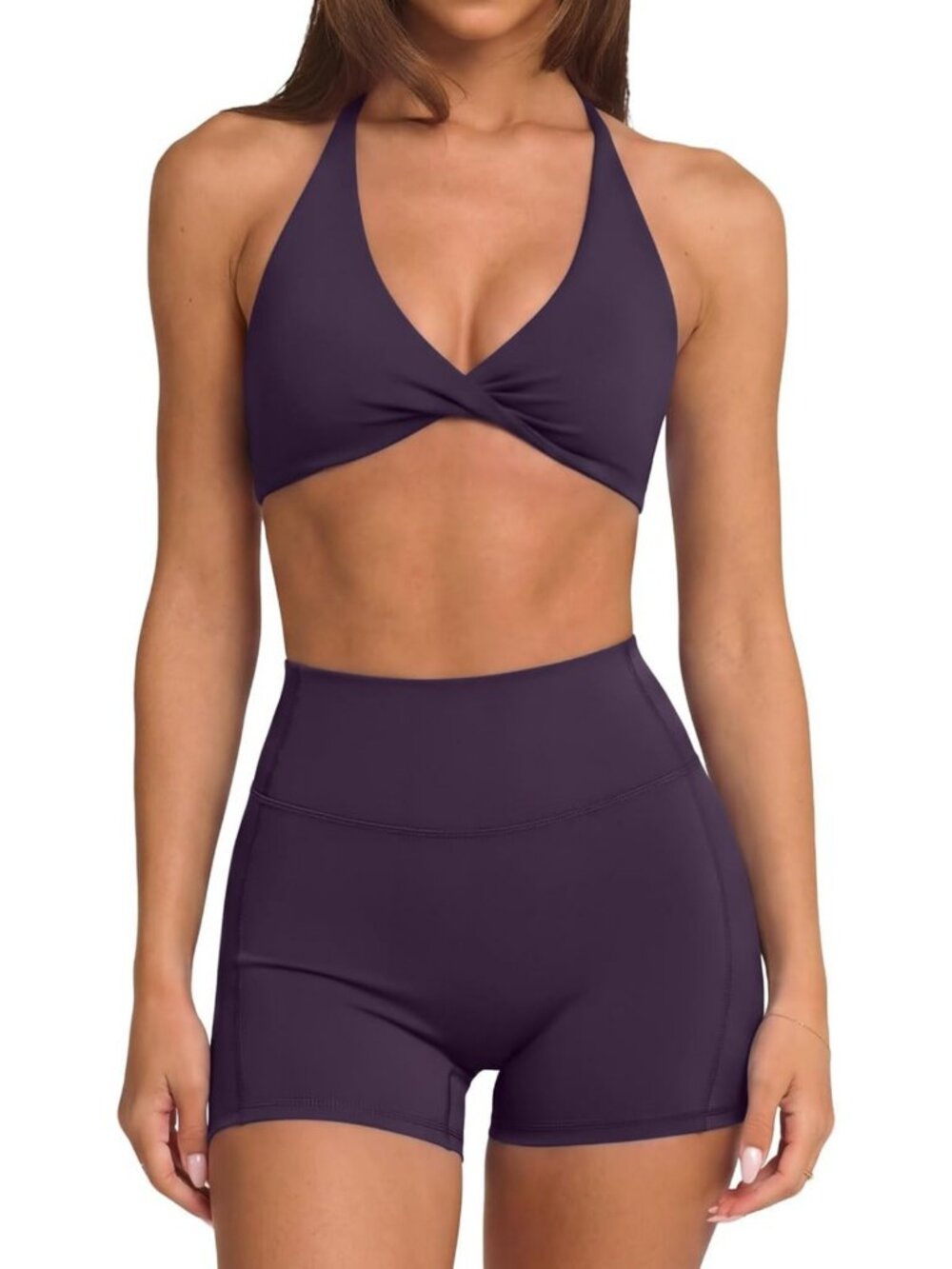 SUUKSESS Women 2 Piece Workout Sets Twist V Neck Sports Bra Yoga Gym Biker Short